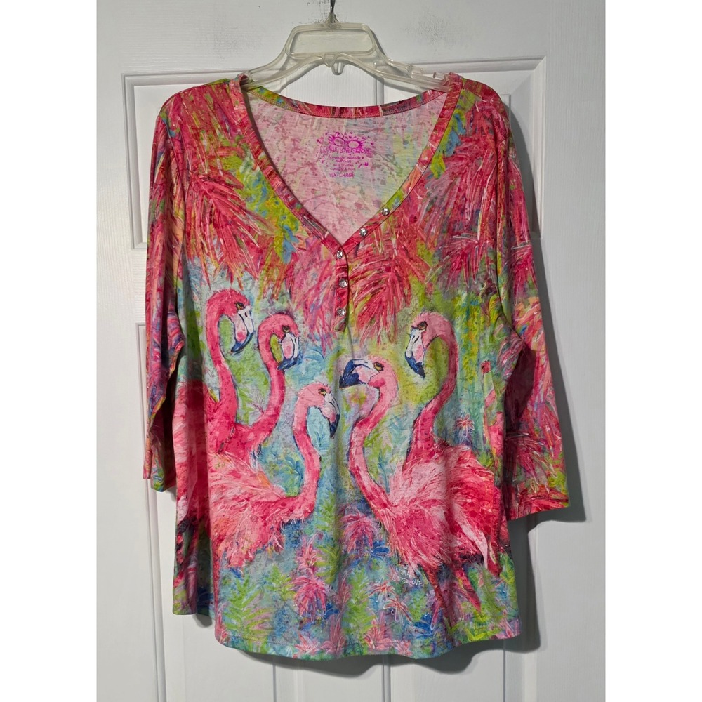 Leoma Lovegrove Flamingo Tropical Print Henley Top XXL Pink 3/4 Sleeve V-Neck